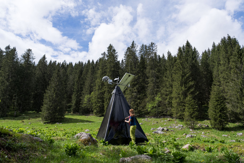 Das Zelt der Skulptur Edaphon auf der Toggenburger Alpweide auf dem Klangweg Toggenburg