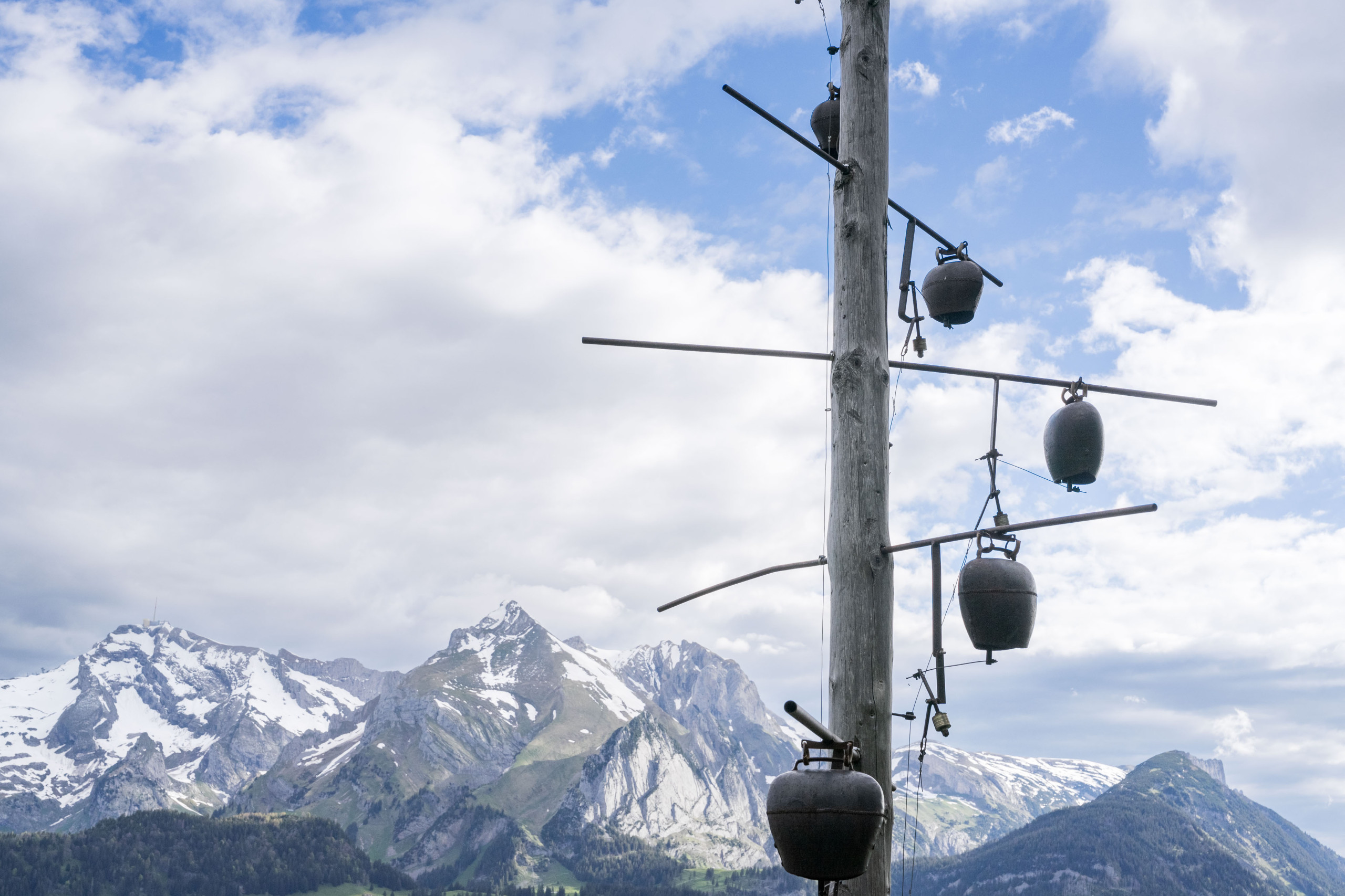 Klangskulptur Schellenbaum vor dem Bergpanorama des Alpstein Gebirge