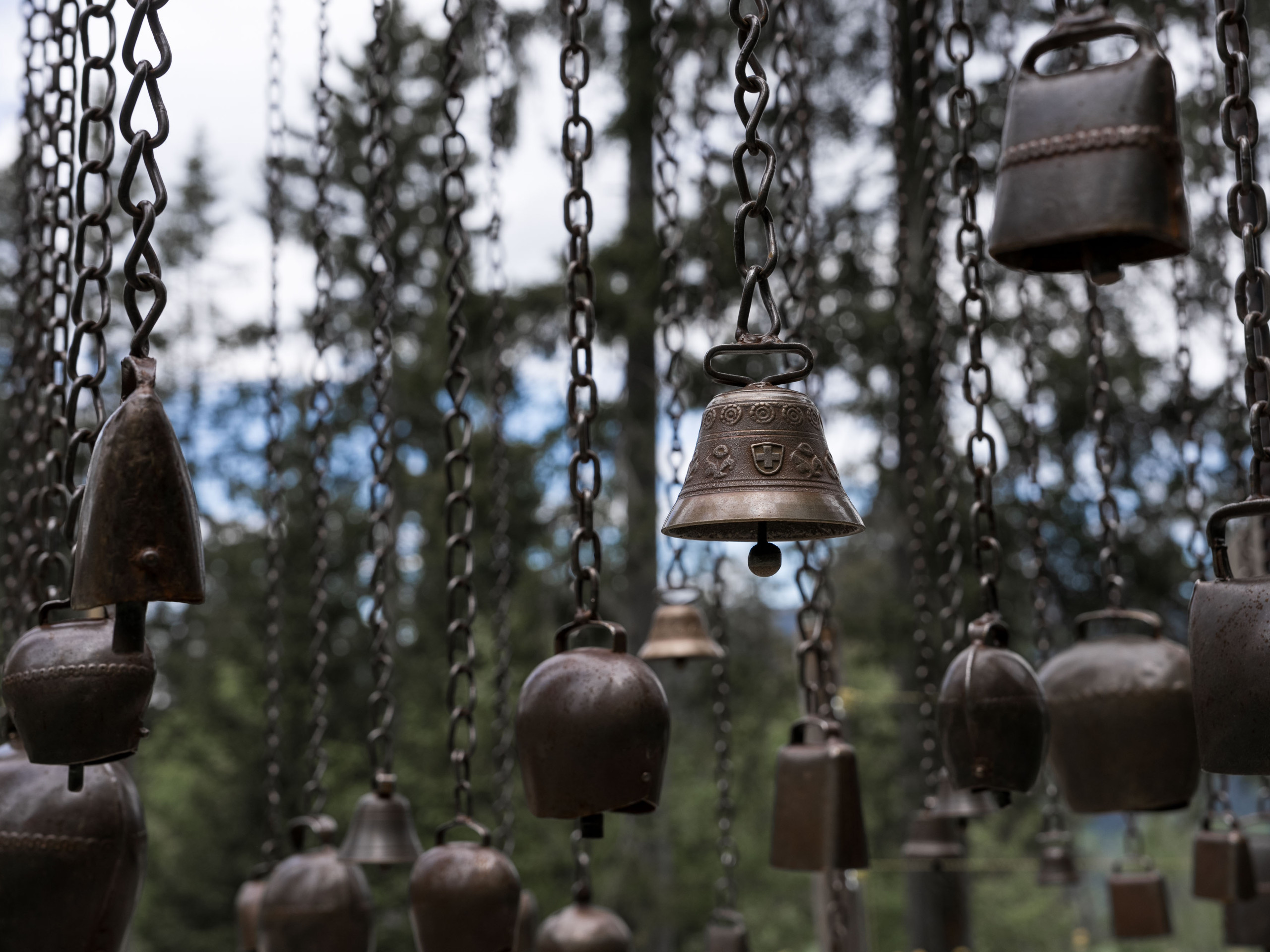 Unterschiedliche Schellen und Glocken hängen an Metallketten im Wald des Klangweg Toggenburg