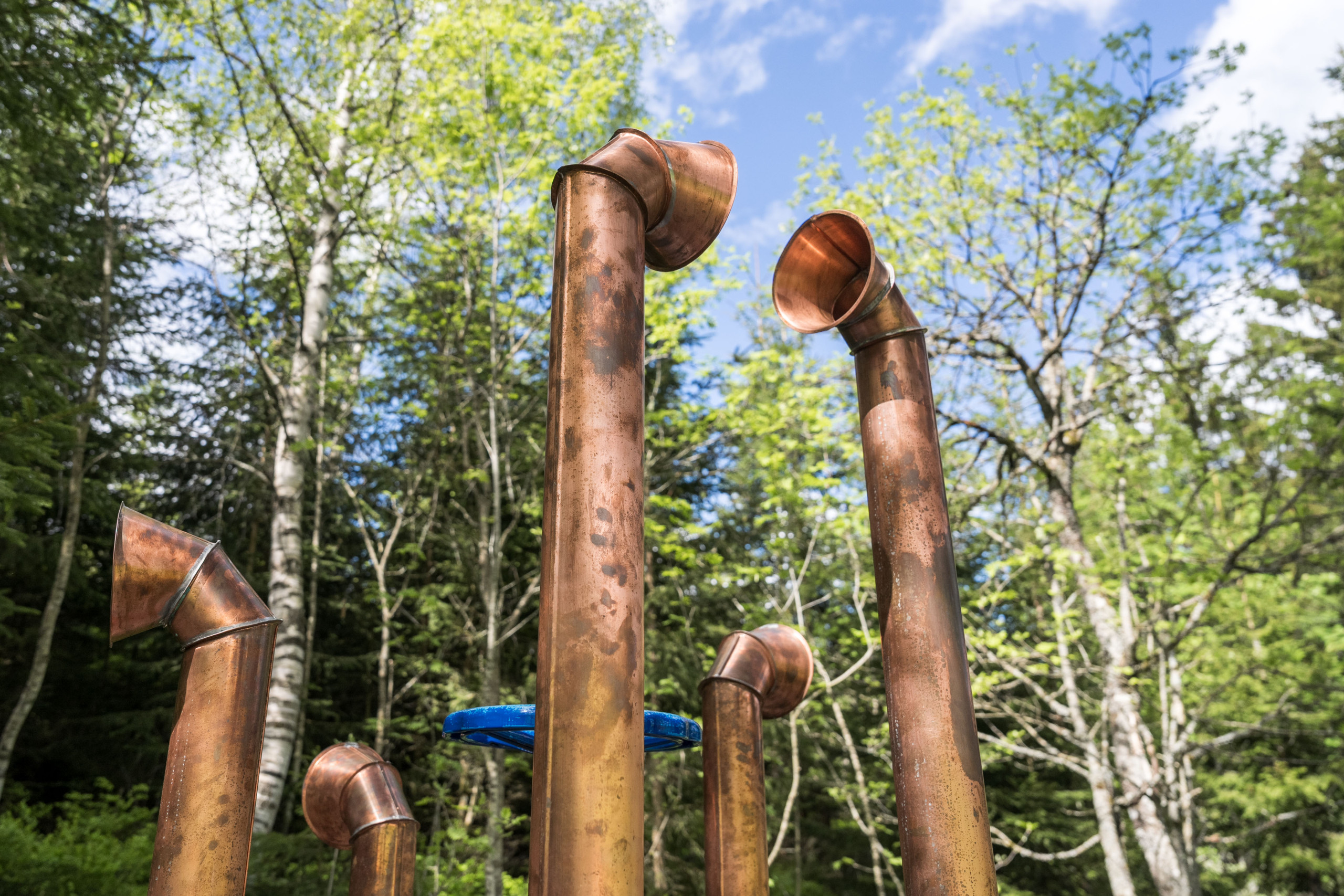 Fünf gebogene Metallrohre ragen in unterschiedlicher Höhe aus dem Boden