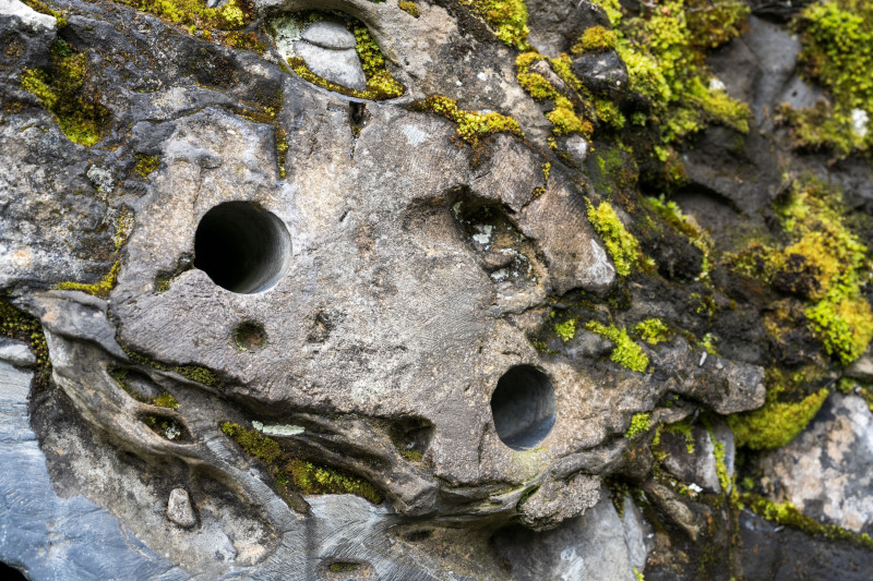Zwei Löcher im moosüberwachsenen Felsen der Klangskulptur Felsentöne