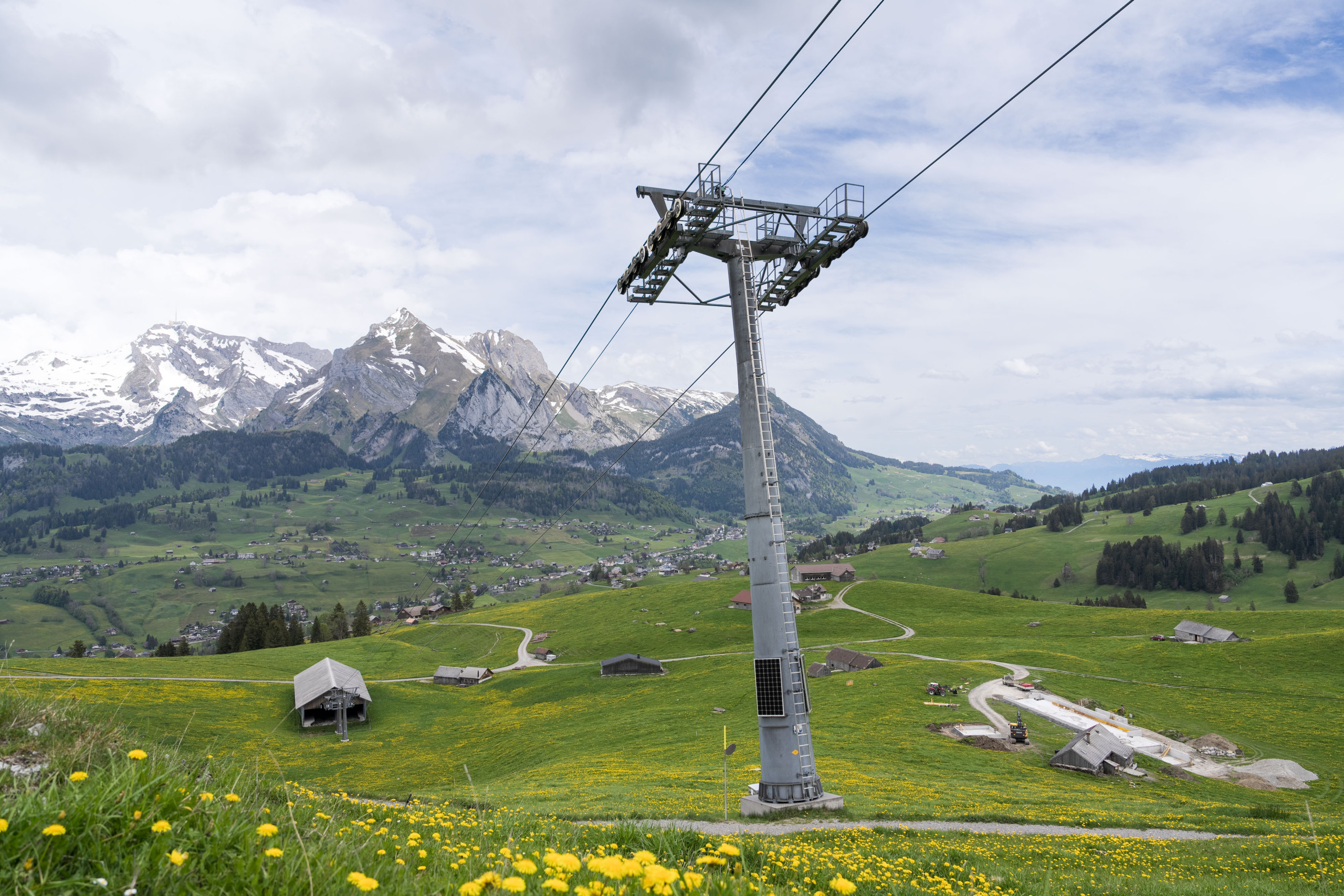 Mast der Toggenburger Bergbahn in mitten einer Alpenweide vor dem Alpstein Bergpanorama