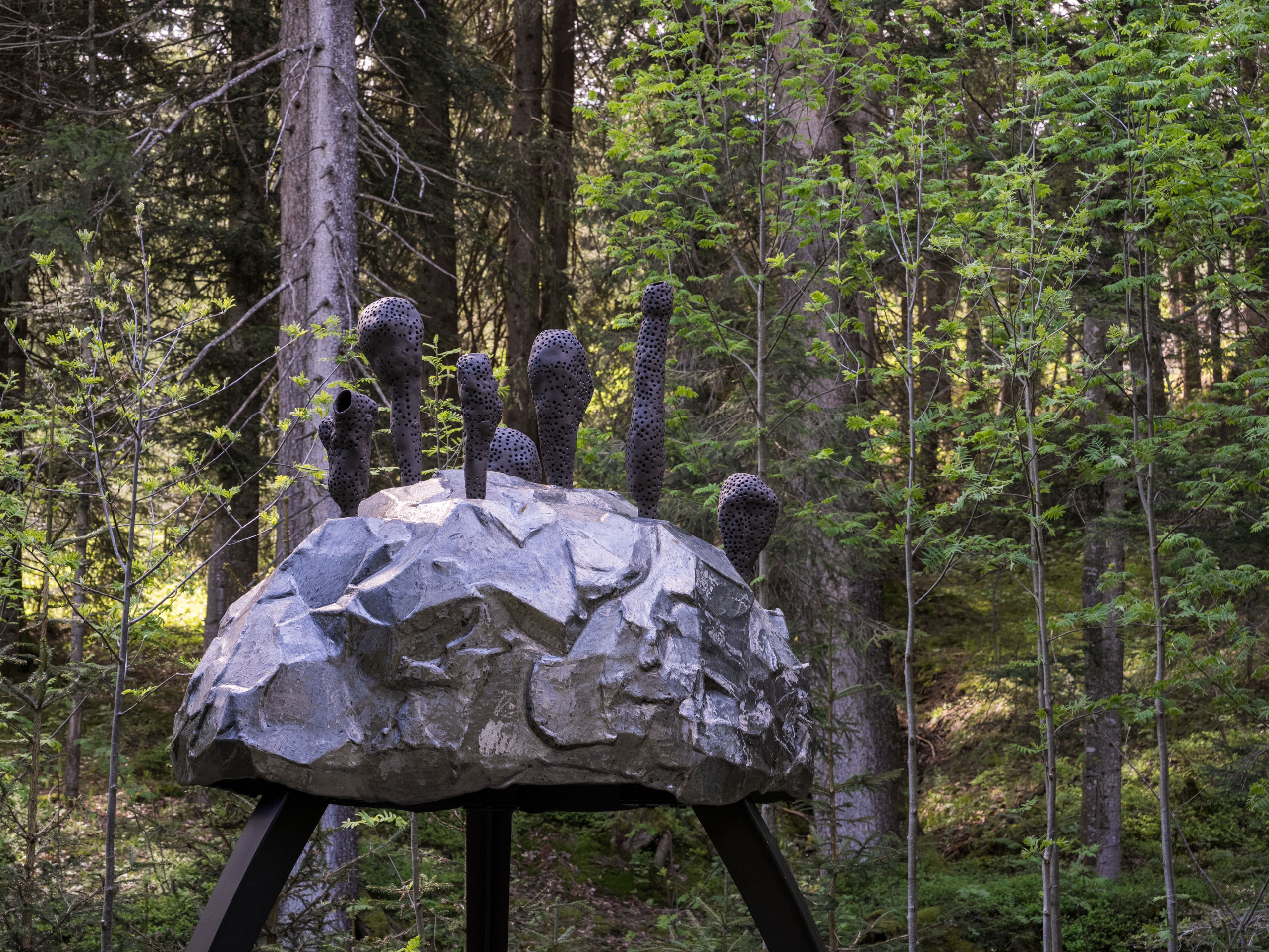 Die Air Frequencies Skulptur, ein überdimensionaler Metallhelm mit Resonanzfühlern, steht mitten im Wald