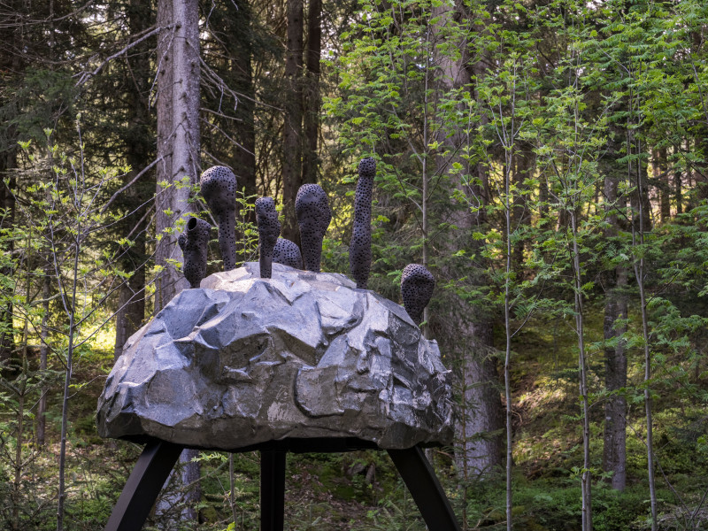 Die Air Frequencies Skulptur, ein überdimensionaler Metallhelm mit Resonanzfühlern, steht mitten im Wald