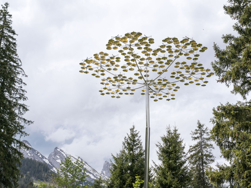 245 Klangschalen angeordnet wie die Blüte der Wilden Möhre im Wald mit Bergpanorama