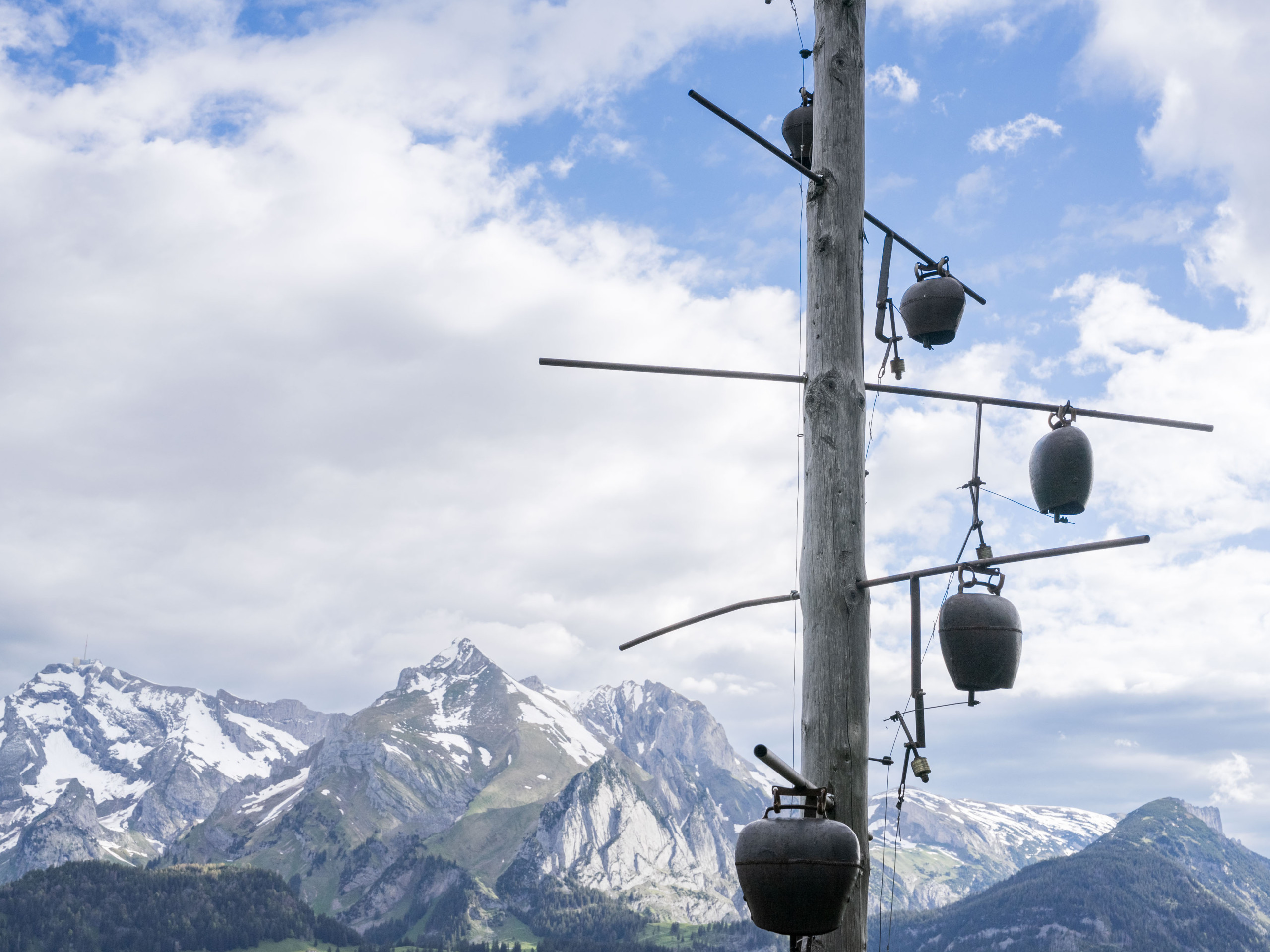 Klangskulptur Schellenbaum vor dem Bergpanorama des Alpstein Gebirge