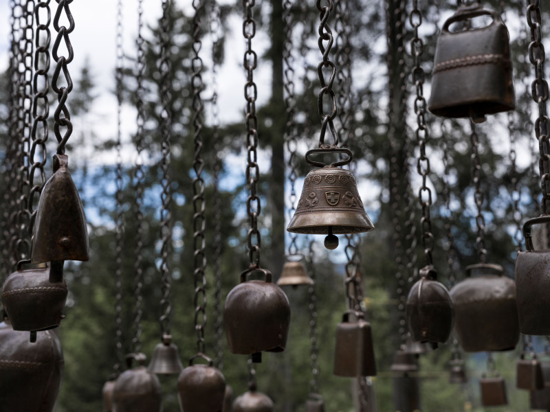 Unterschiedliche Schellen und Glocken hängen an Metallketten im Wald des Klangweg Toggenburg
