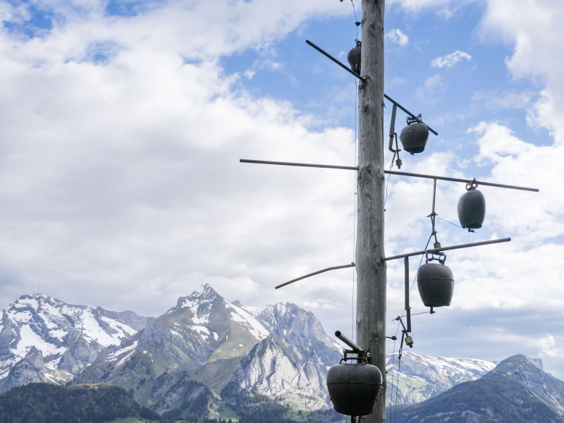 Klangskulptur Schellenbaum vor dem Bergpanorama des Alpstein Gebirge